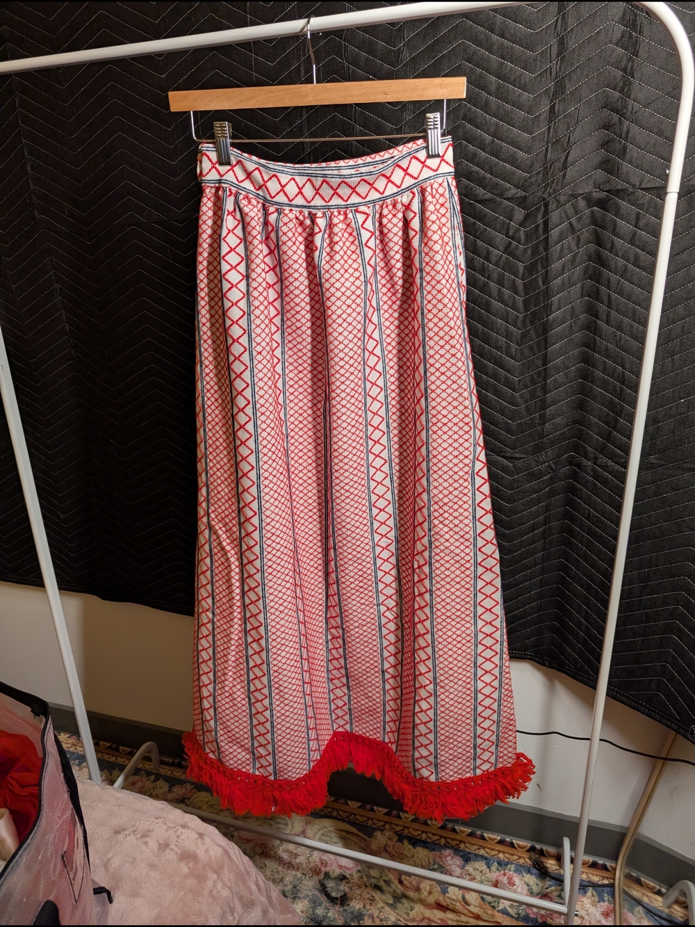Vintage Red and White Geometric Maxi Skirt with Fringe - Picture 3 of 3